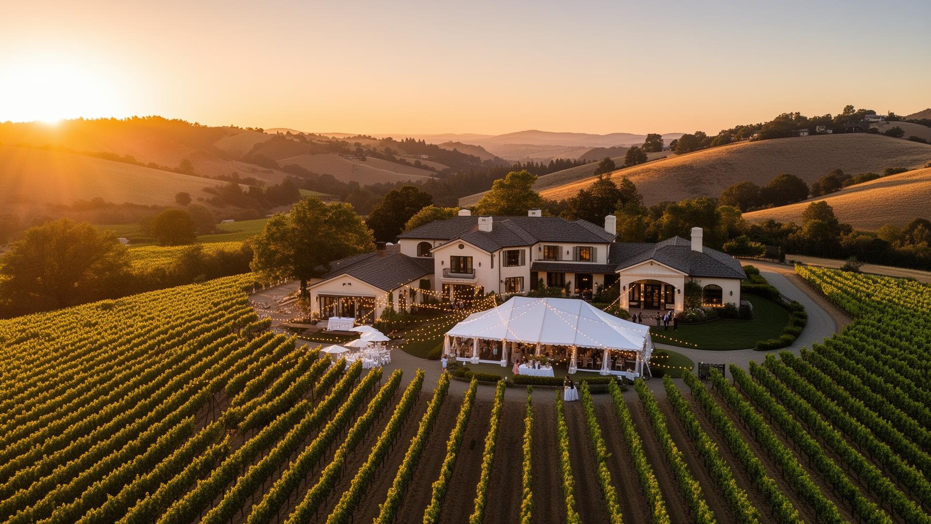 Aerial view of a Napa Valley wedding venue at sunset