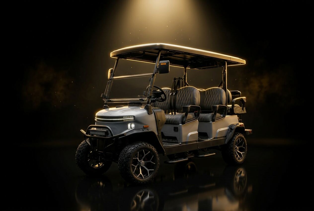 Luxury black golf cart with gold rim accents